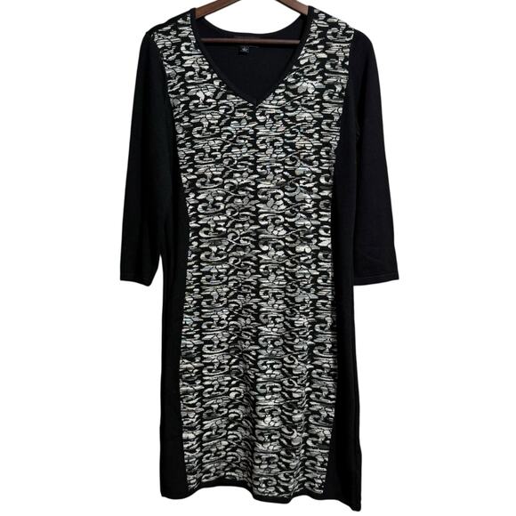 AB Studio V-Neck 3/4 Sleeve Black sweater dress with gray & white print Large - Picture 1 of 5